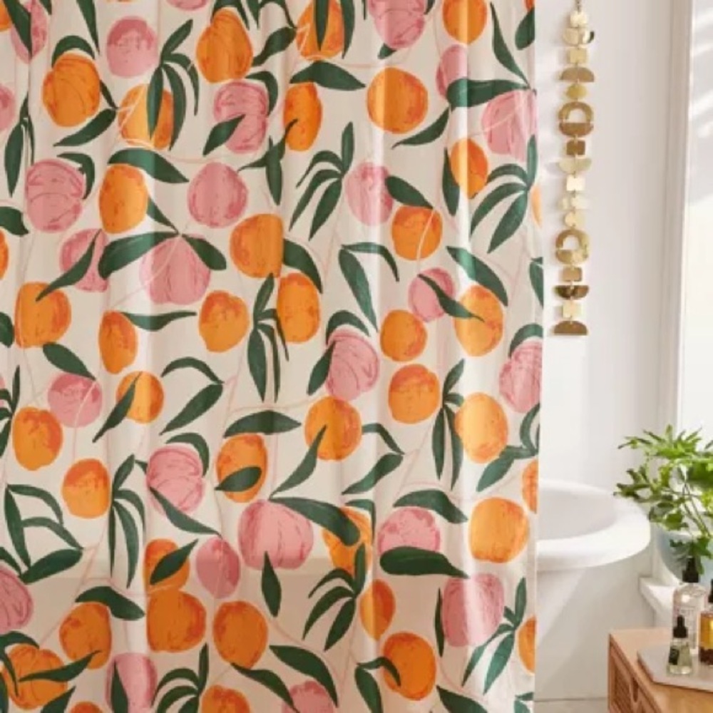 Urban Outfitters Allover Fruits Peach Shower Curtain & Peachy Clean Bath Mat